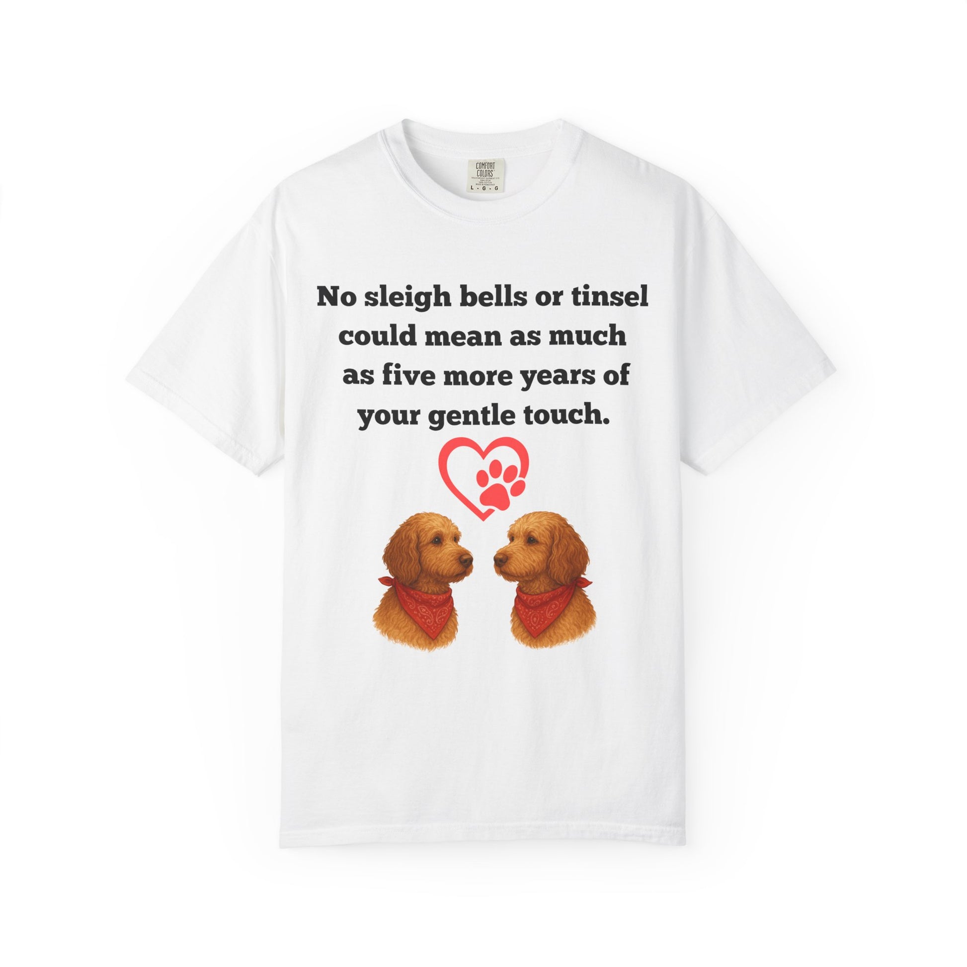 White t-shirt with two dogs, a heart, and text on a white background