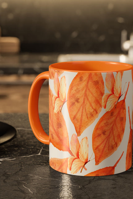 Mug with Fall Colors Autumn Leaves and Butterflies