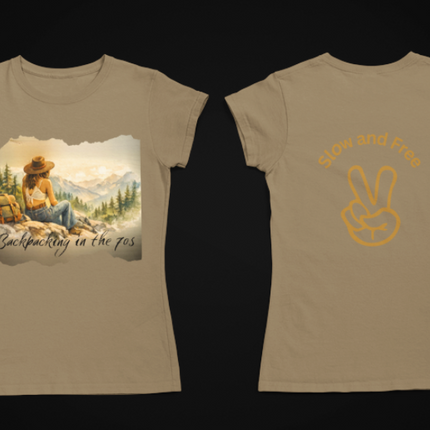 Slow, Free Peace Sign Tee 1970s Female Backpacker Retro Travel Unisex T-Shirt