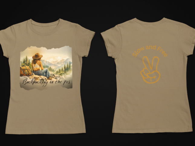 Slow, Free Peace Sign Tee 1970s Female Backpacker Retro Travel Unisex T-Shirt