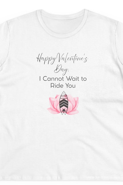 White t-shirt with Valentine's Day design featuring a pink flower and text on a white background