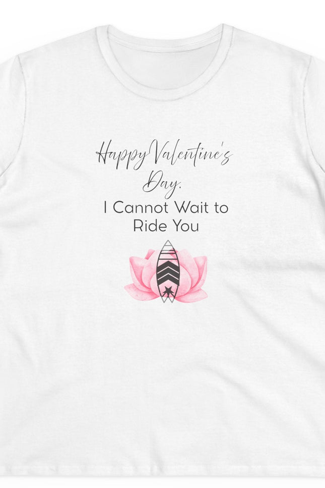 White t-shirt with Valentine's Day design featuring a pink flower and text on a white background