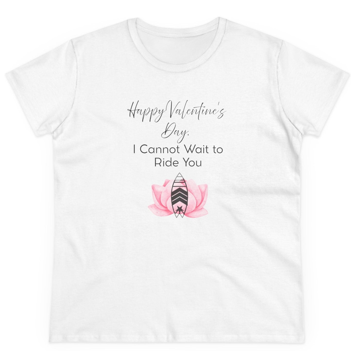 White t-shirt with Valentine's Day design featuring a pink flower and text on a white background