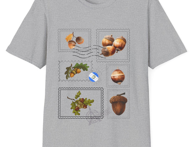 Gray Colored Postage Stamp Short Sleeve T-shirt with acorns on white background.