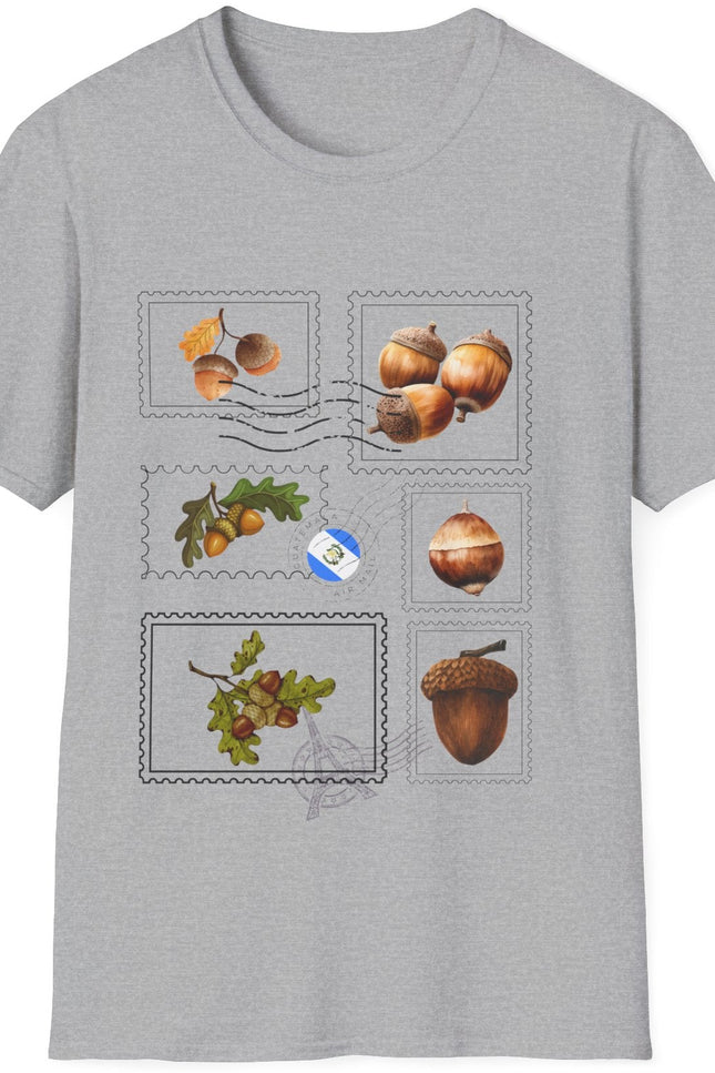 Gray Colored Postage Stamp Short Sleeve T-shirt with acorns on white background.