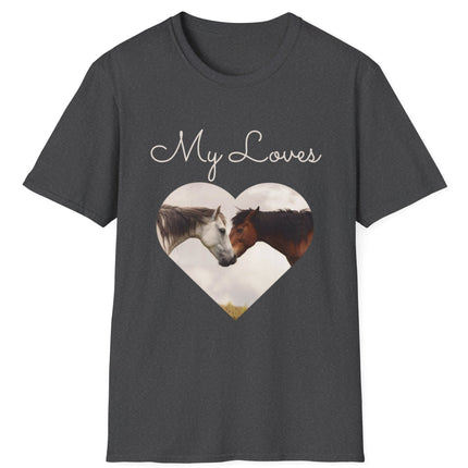 Gray T-shirt with words My Loves.  Below the words are two horses in a heart shape.