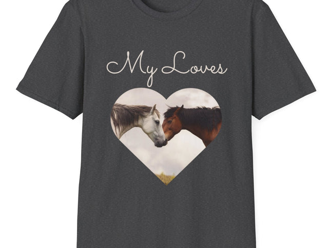 Gray T-shirt with words My Loves.  Below the words are two horses in a heart shape.