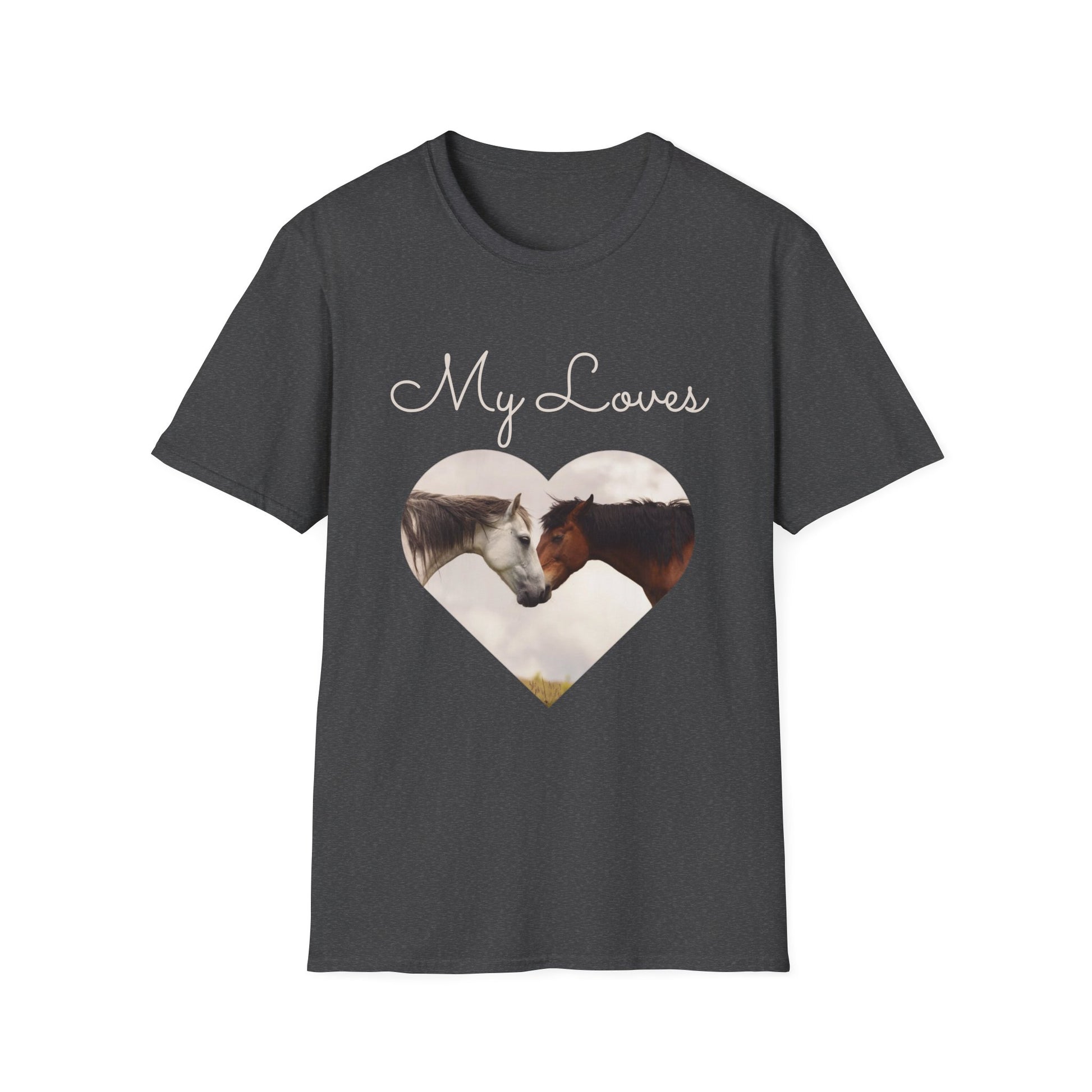 Gray T-shirt with words My Loves.  Below the words are two horses in a heart shape.