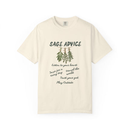 An off-white short-sleeve t-shirt with a sage green graphic print on the front featuring the text 'SAGE ADVICE' and handwritten-style text with botanical illustrations.
