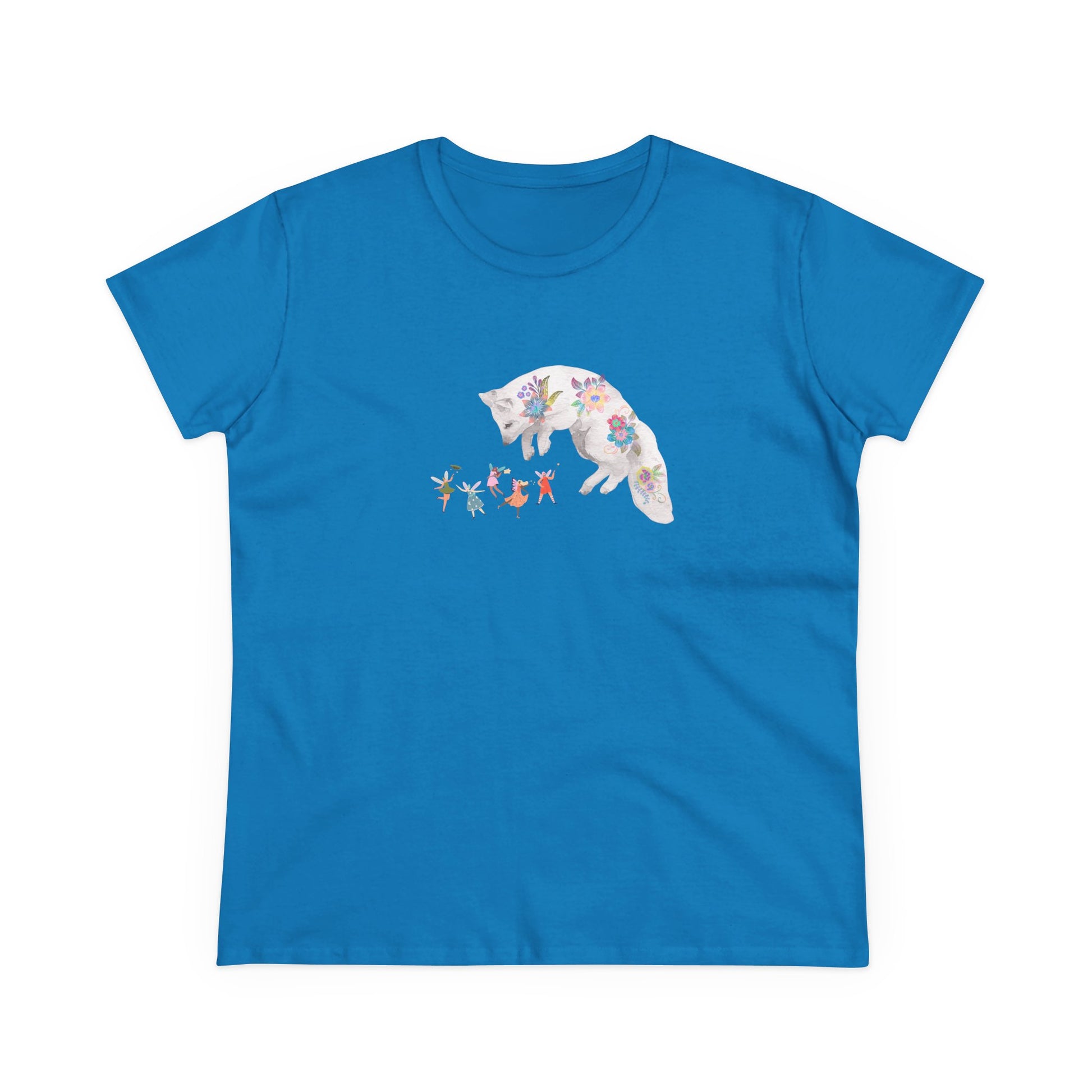 Blue t-shirt with a floral White Fox staring playfully at winged fairies.