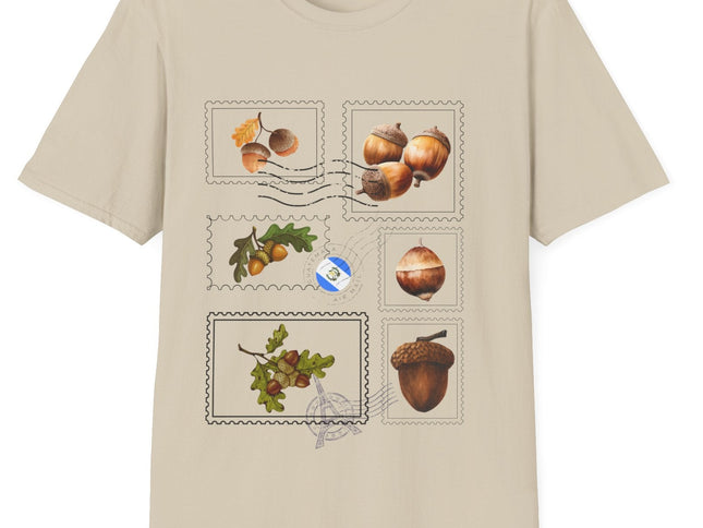 Sand Colored Postage Stamp Short Sleeve T-shirt with acorns on white background.