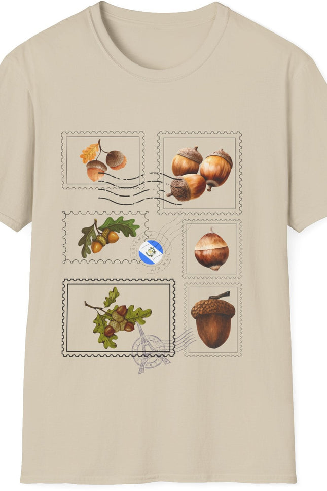 Sand Colored Postage Stamp Short Sleeve T-shirt with acorns on white background.