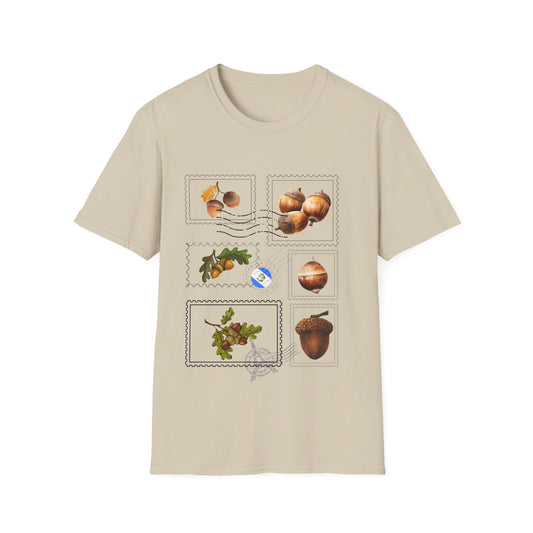 Sand Colored Postage Stamp Short Sleeve T-shirt with acorns on white background.