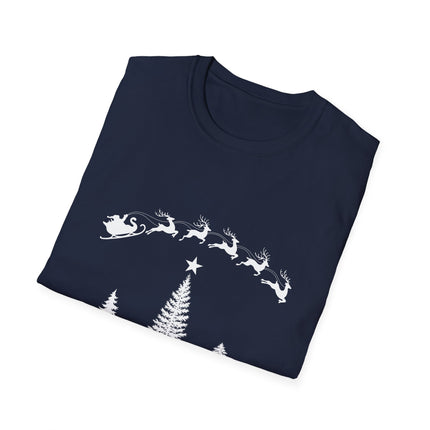 Folded navy t-shirt with Santa's sleigh and reindeer flying over an evergreen tree with a star.  White background.