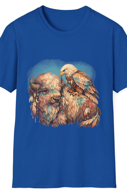 Blue t-shirt with a graphic of a bison and eagle on a white background