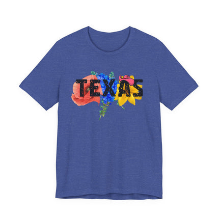 Blue t-shirt with 'TEXAS' and floral design on a white background