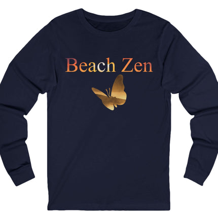 Navy blue long-sleeve shirt with 'Beach Zen' text and butterfly graphic on a white background