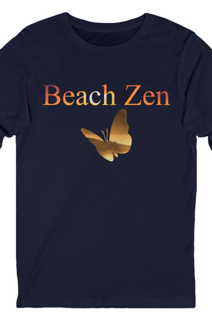 Navy blue long-sleeve shirt with 'Beach Zen' text and butterfly graphic on a white background