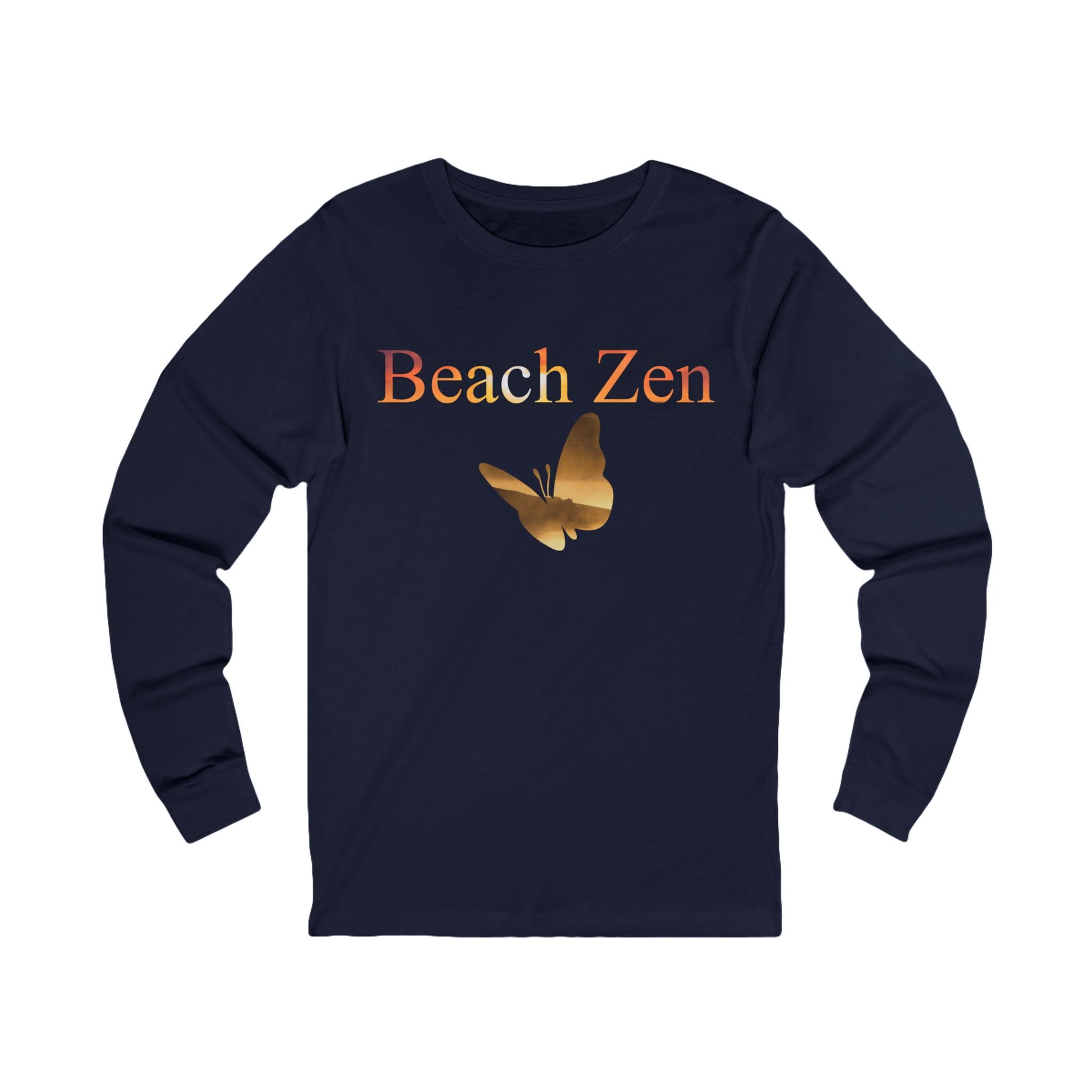 Navy blue long-sleeve shirt with 'Beach Zen' text and butterfly graphic on a white background