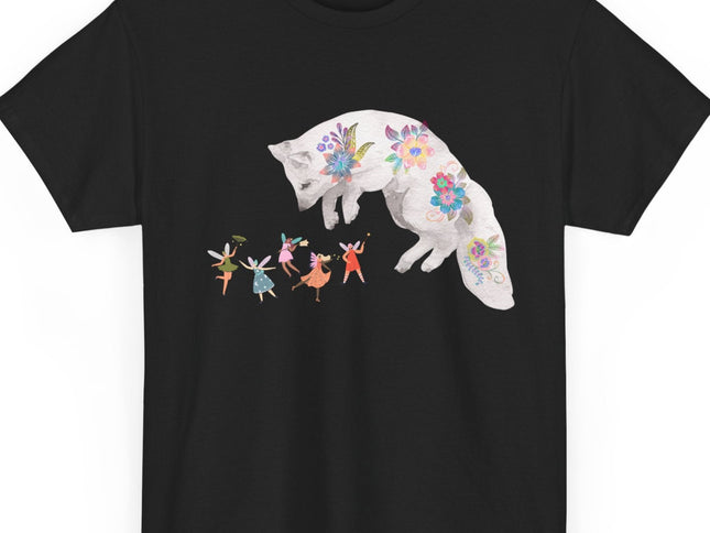 Black t-shirt with a white fox and fairy design on a white background