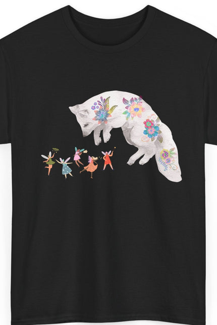Black t-shirt with a white fox and fairy design on a white background