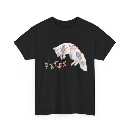 Whimsical White Fox Playing with Winged Fairies Unisex Cotton T-Shirt