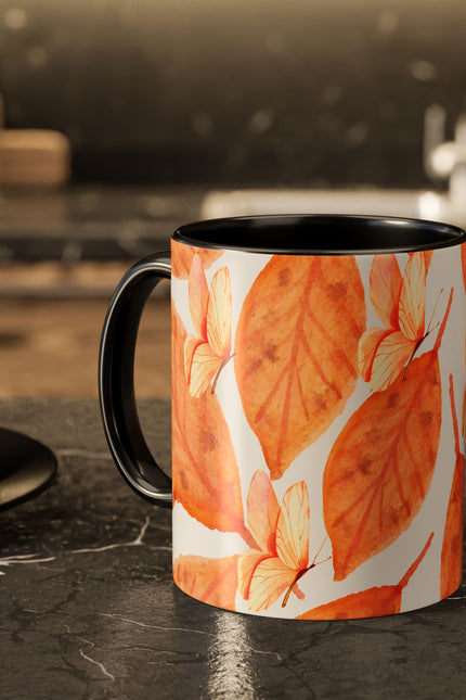 Mug with Fall Colors Autumn Leaves and Butterflies