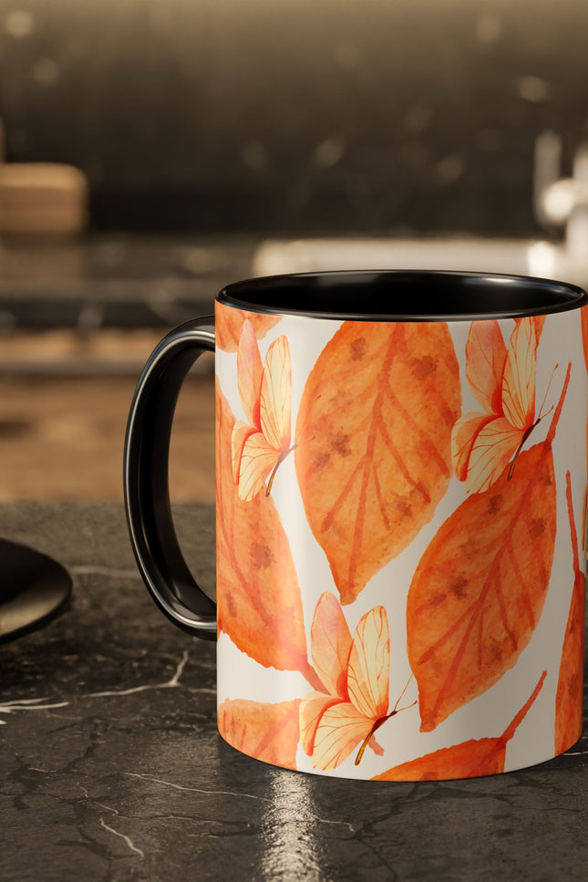 Mug with Fall Colors Autumn Leaves and Butterflies