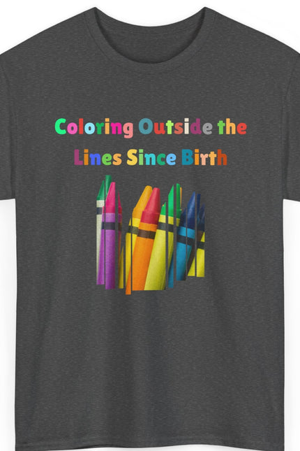 Gray t-shirt with colorful crayons and text on a white background