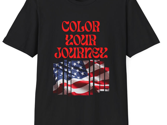 Black t-shirt with 'Color Your Journey' text and American flag design on a white background