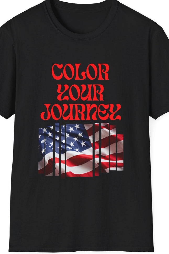 Black t-shirt with 'Color Your Journey' text and American flag design on a white background