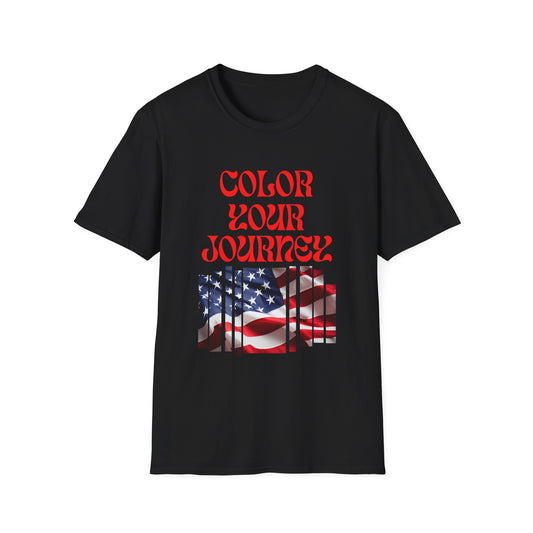 Black t-shirt with 'Color Your Journey' text and American flag design on a white background