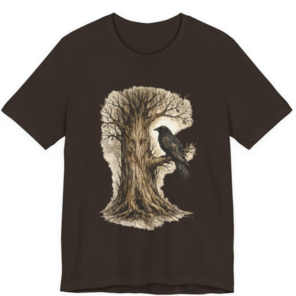 Black t-shirt with a tree and bird design on a white background