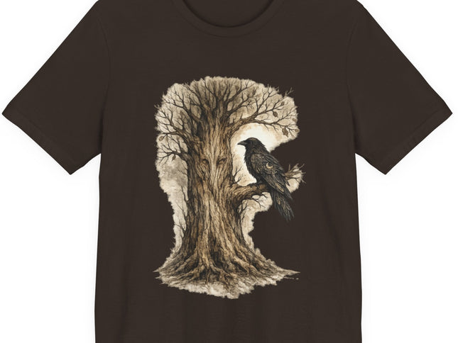 Black t-shirt with a tree and bird design on a white background