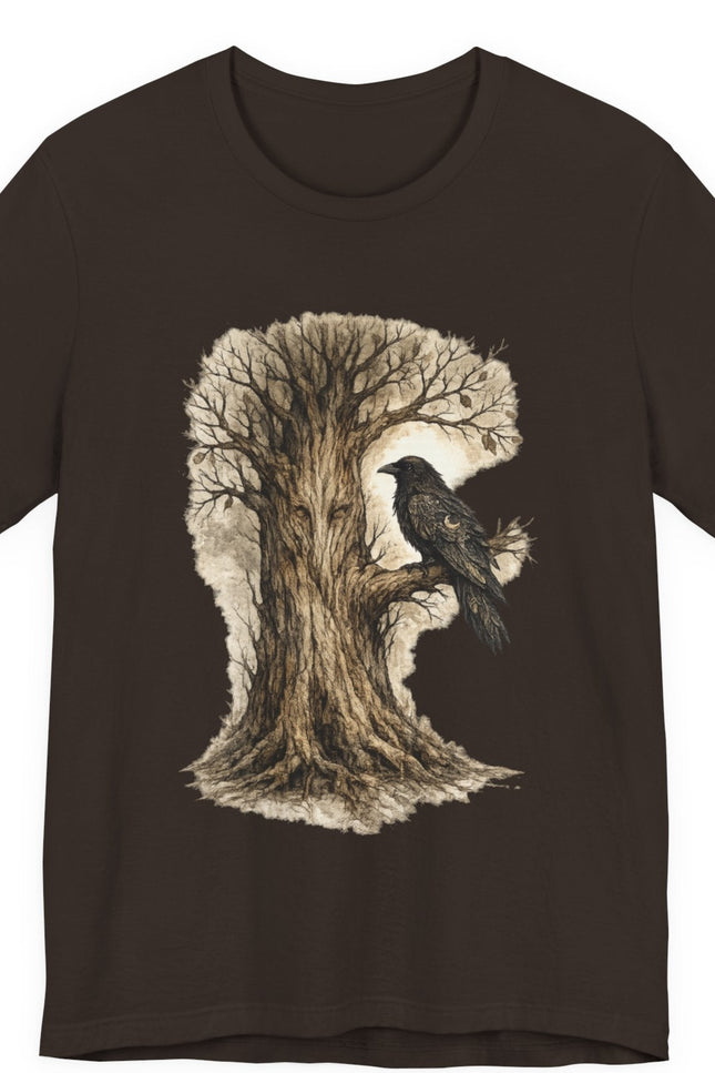 Black t-shirt with a tree and bird design on a white background