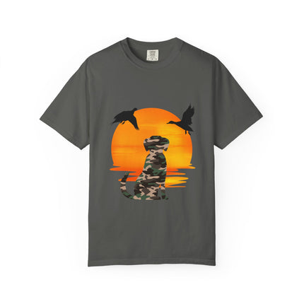 Gray t-shirt with a camouflage panther and sunset design on a white background