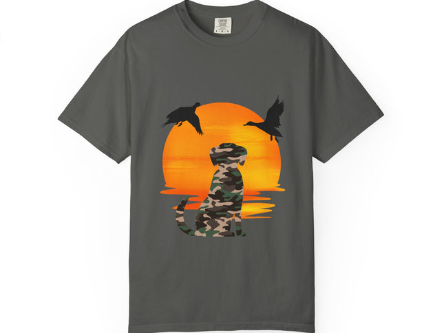 Gray t-shirt with a camouflage panther and sunset design on a white background