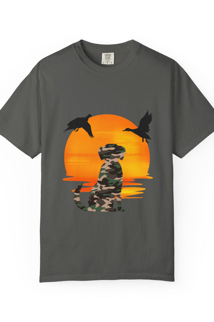 Gray t-shirt with a camouflage panther and sunset design on a white background