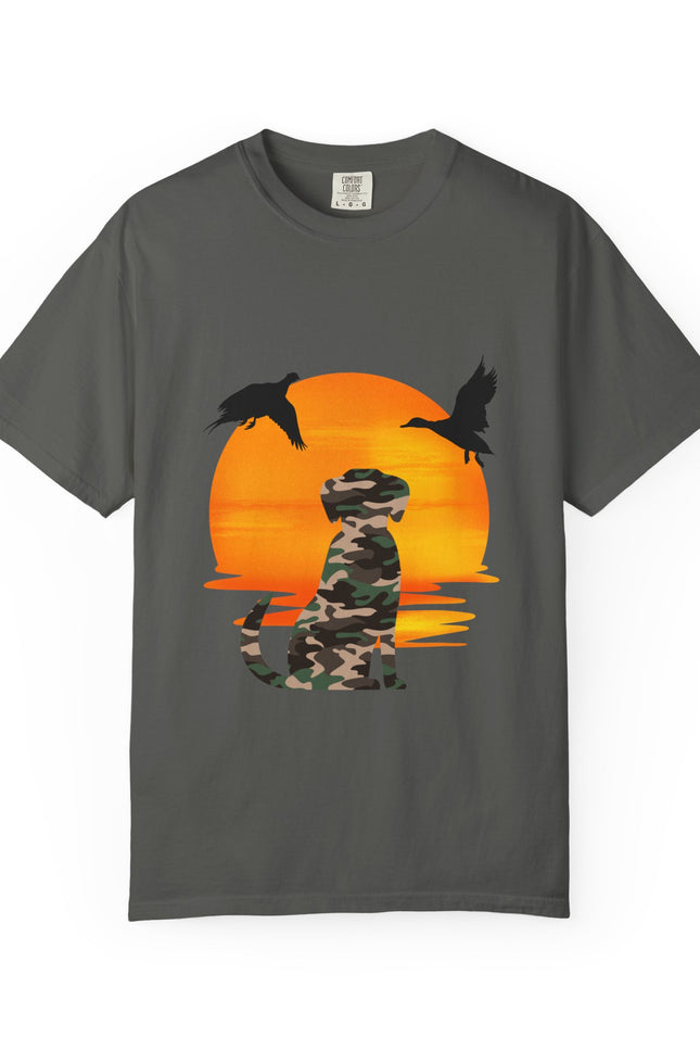 Gray t-shirt with a camouflage panther and sunset design on a white background