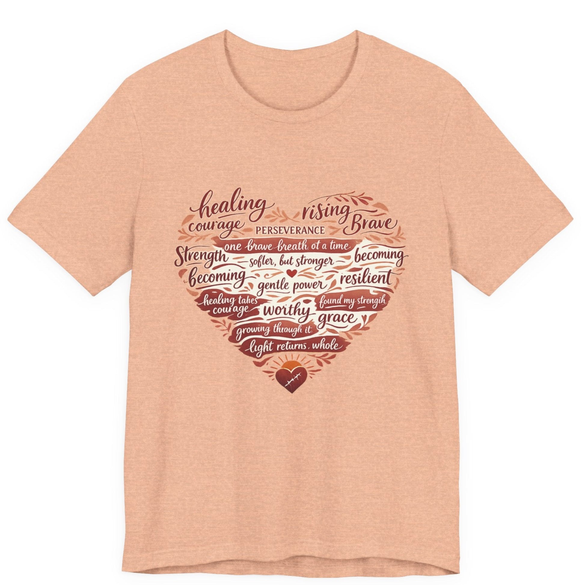 Peach t-shirt with motivational quote design on a white background