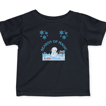 Black t-shirt with a snowman graphic and 'Season of Magic' text on a white background
