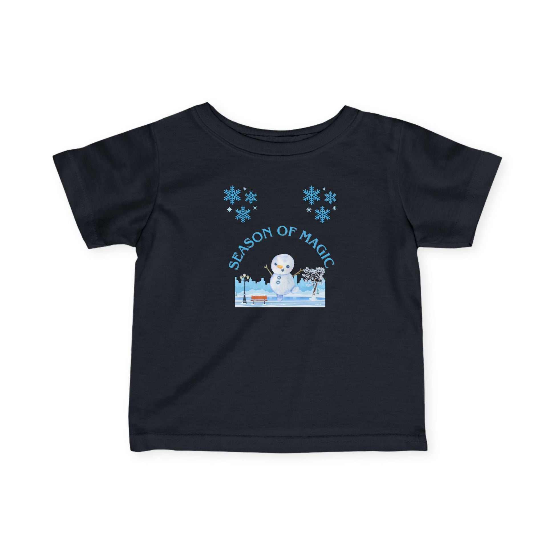 Black t-shirt with a snowman graphic and 'Season of Magic' text on a white background