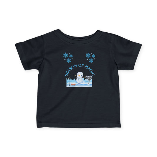 Black t-shirt with a snowman graphic and 'Season of Magic' text on a white background