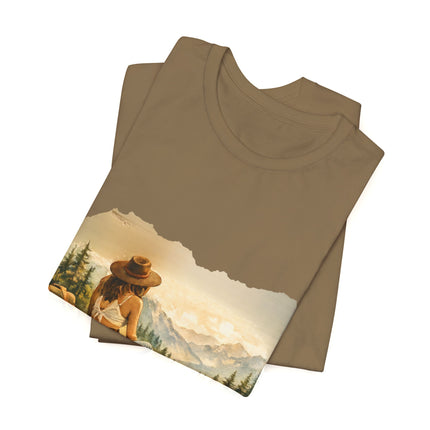 Slow, Free Peace Sign Tee 1970s Female Backpacker Retro Travel Unisex T-Shirt