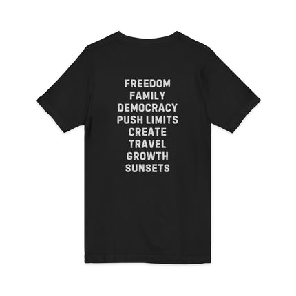 Inspiration Words V-Neck Unisex Tee — Pre and Post Retirement Motivational T-Shirt (Education • Family • Freedom)