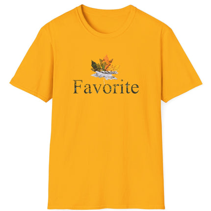 Yellow t-shirt with a colored fall leaf graphic design and the word 'Favorite' on a white background