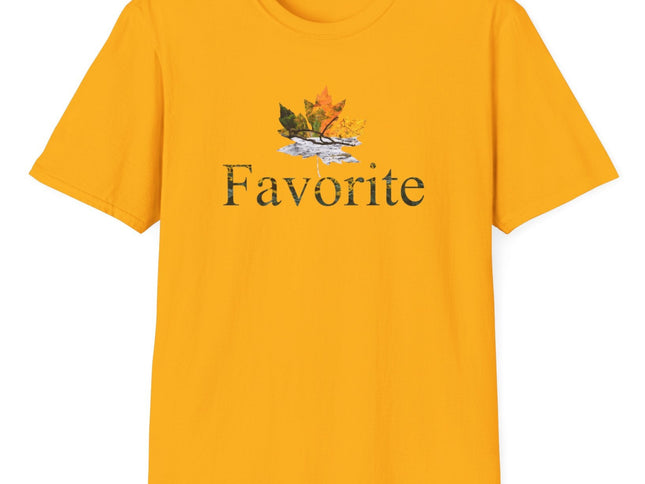Yellow t-shirt with a colored fall leaf graphic design and the word 'Favorite' on a white background