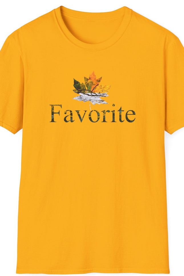 Yellow t-shirt with a colored fall leaf graphic design and the word 'Favorite' on a white background