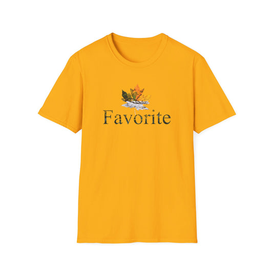 Yellow t-shirt with a colored fall leaf graphic design and the word 'Favorite' on a white background