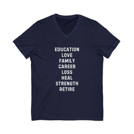 Inspiration Words V-Neck Unisex Tee — Pre and Post Retirement Motivational T-Shirt (Education • Family • Freedom)